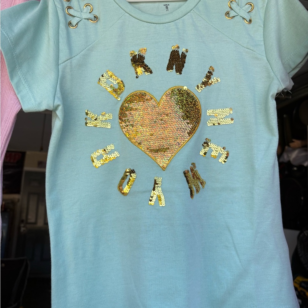 DKNY Kids Aqua Tee with Gold Sequin Heart